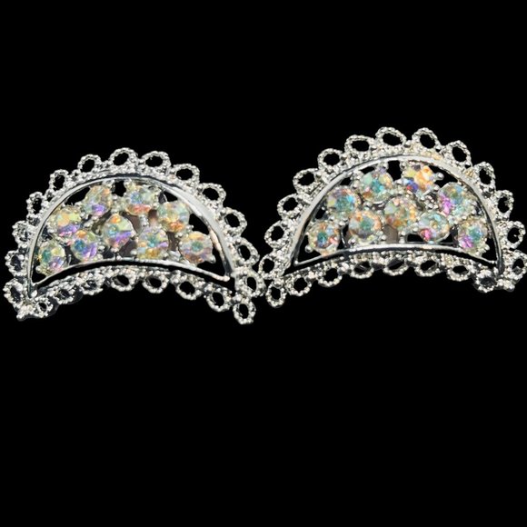 Emmons Silver Tone And Aurora Borealis Rhinestone Clip On Earrings (4628) - Picture 3 of 4